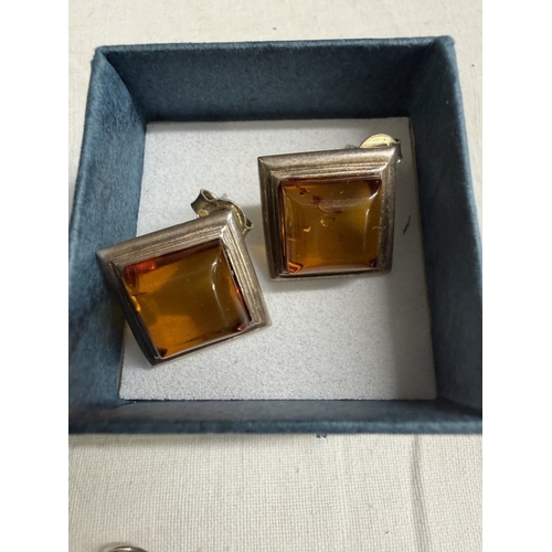 90C - 3 Pairs of silver & amber earrings
