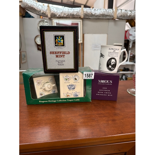 1587 - A boxed Sheffield Mint pewter tankard, Boxed Ringtons heritage collection teapot caddy & boxed Modus... 