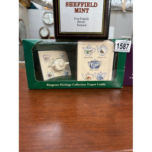 1587 - A boxed Sheffield Mint pewter tankard, Boxed Ringtons heritage collection teapot caddy & boxed Modus... 