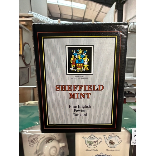 1587 - A boxed Sheffield Mint pewter tankard, Boxed Ringtons heritage collection teapot caddy & boxed Modus... 