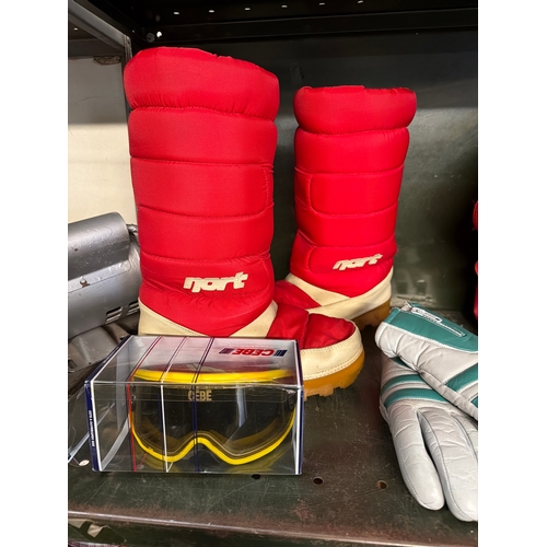 1638 - A quantity of vintage ski equipment including Nort boots, boxed Cebe goggles, gloves, bag etc