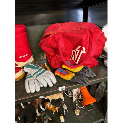 1638 - A quantity of vintage ski equipment including Nort boots, boxed Cebe goggles, gloves, bag etc