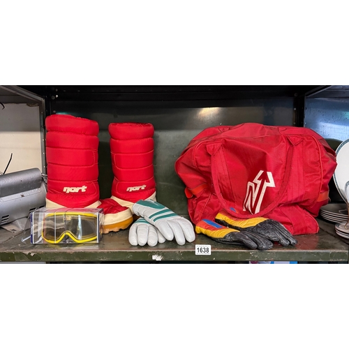 1638 - A quantity of vintage ski equipment including Nort boots, boxed Cebe goggles, gloves, bag etc