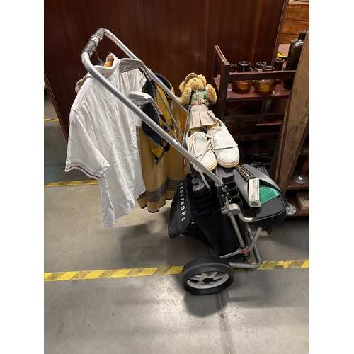 1660 - A One Up Golf trolley, golf clubs, Best Putt, Footjoy golf shoes, teddy bear etc