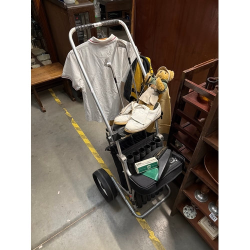 1660 - A One Up Golf trolley, golf clubs, Best Putt, Footjoy golf shoes, teddy bear etc