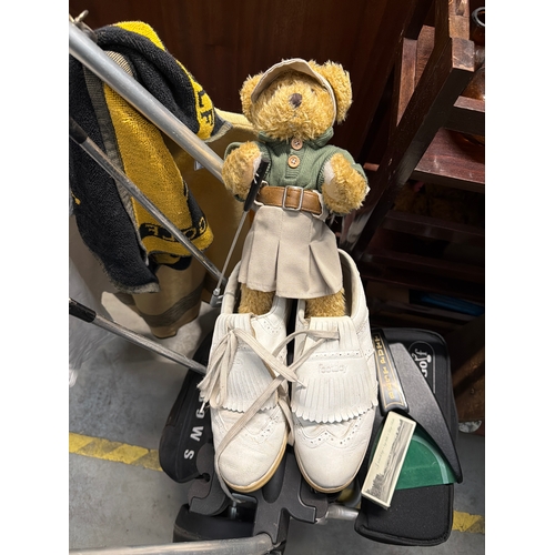 1660 - A One Up Golf trolley, golf clubs, Best Putt, Footjoy golf shoes, teddy bear etc
