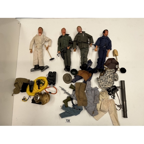 728 - 4 Vintage flock hair Action Man dolls with clothing, 3 have eagle eyes