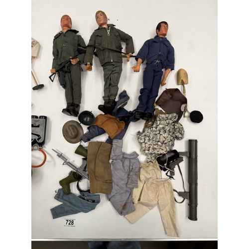 728 - 4 Vintage flock hair Action Man dolls with clothing, 3 have eagle eyes