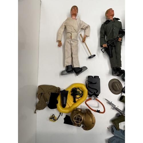 728 - 4 Vintage flock hair Action Man dolls with clothing, 3 have eagle eyes