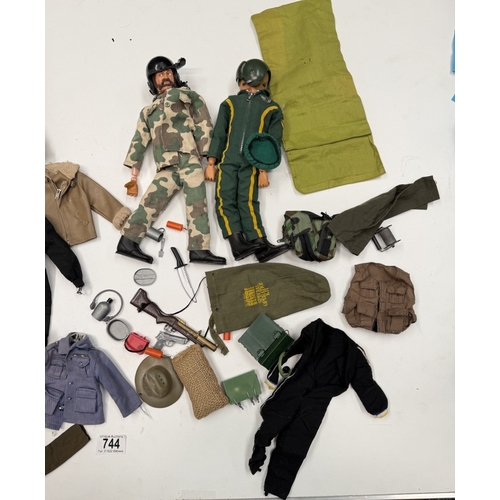 744 - 4 Vintage flock hair Action Man dolls with pistols and clothing (3 have eagle eyes)