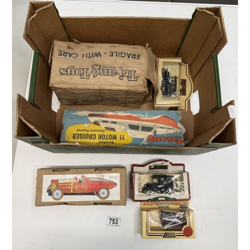 753 - A Triang 11' motor cruiser, No 2 tank tinplate clockwork car etc including Lledo