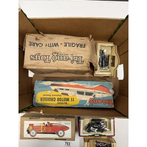 753 - A Triang 11' motor cruiser, No 2 tank tinplate clockwork car etc including Lledo