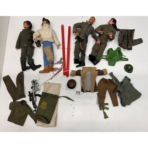 770 - 4 Vintage flock hair Action Man dolls with clothing & accessories (3 with eagle eyes)