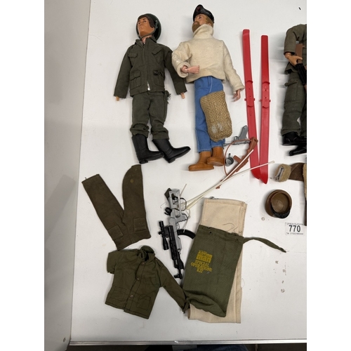 770 - 4 Vintage flock hair Action Man dolls with clothing & accessories (3 with eagle eyes)