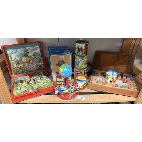 771 - A box of vintage games etc including wooden block jigsaw, boxed Wilesco roundabout etc