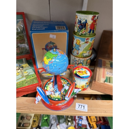 771 - A box of vintage games etc including wooden block jigsaw, boxed Wilesco roundabout etc