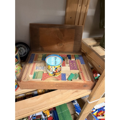 771 - A box of vintage games etc including wooden block jigsaw, boxed Wilesco roundabout etc