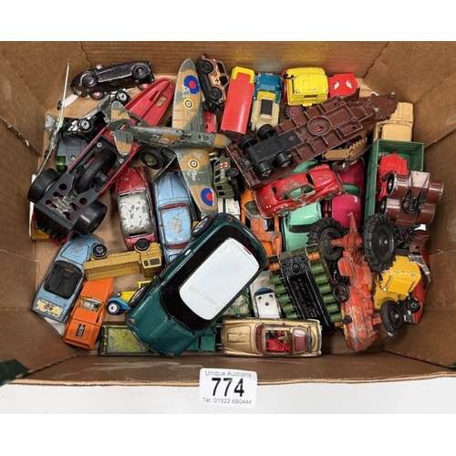 774 - A box of mixed playworn diecast including Dinky, Corgi & Matchbox