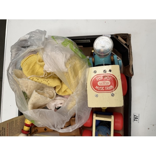 787 - A box of vintage toys including wooden building blocks, wooden trains, dolls clothes etc