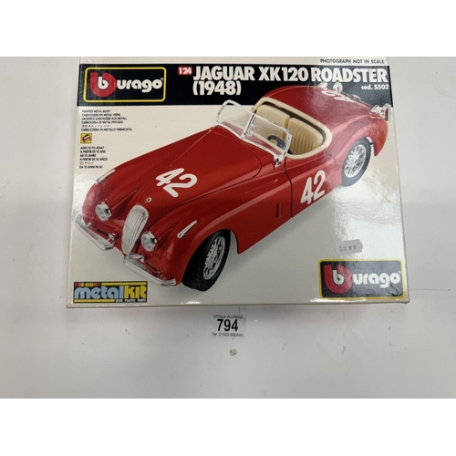 794 - A Burago 1:24 scale metal model kit of a 1948 Jaguar XK120 Roadster (5502) (Unchecked)