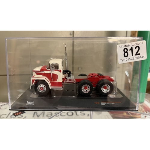 812 - 3 1:43 scale diecast truck models by IXO models including 1976 Freightliner COE truck, 1960 Dodge LC... 