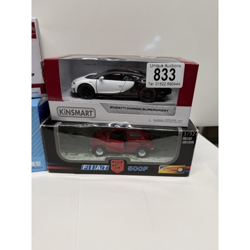 833 - 4 Boxed diecast including Fiat 500F, KinSmart Bugatti etc