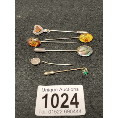 1024 - 6 vintage stick / hat pins including silver