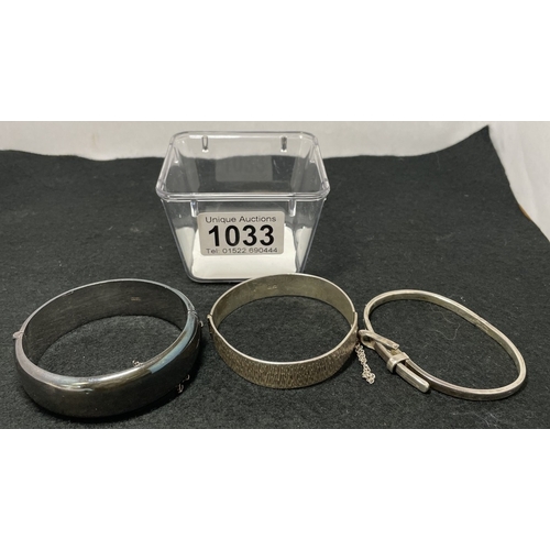 1033 - Two hallmarked Silver bangles (26g and 41.75g) and a .925 silver bangle (21.95) - total weight 89.7g