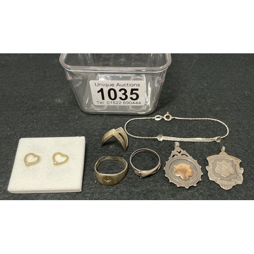 1035 - Various silver items including silver an rose gold fob, rings including 9ct on silver ring, earrings... 
