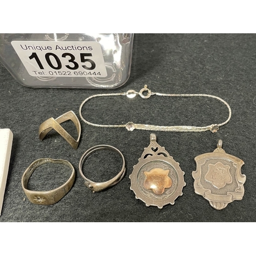 1035 - Various silver items including silver an rose gold fob, rings including 9ct on silver ring, earrings... 