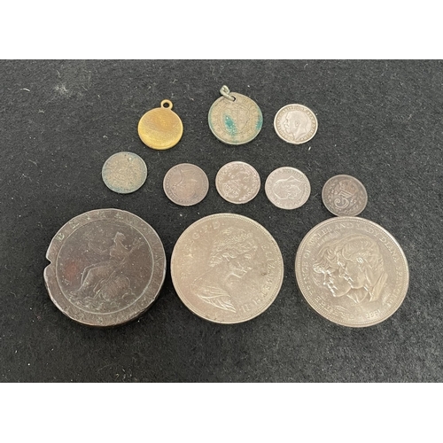 1048 - A 1797 cartwheel penny, some silver 3d coin and other coins etc