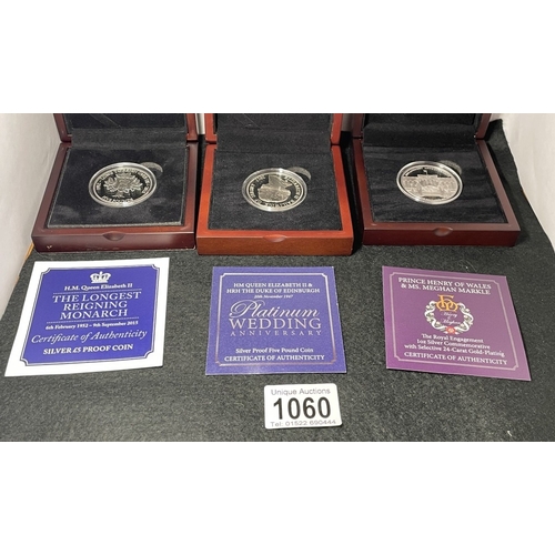 1060 - Cased silver coins including 2015 Jersey £5 Proof Coin Longest Reigning Monarch (28.28g), 2017 Jerse... 