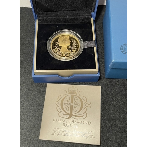 1061 - A cased 2012 Silver Proof Queens Diamond Jubilee £5 Coin plated fine gold with COA