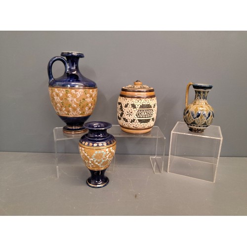 4 - Royal Doulton lambeth one vase, one tobacco pot & two jugs