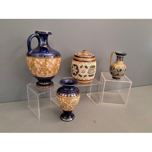 4 - Royal Doulton lambeth one vase, one tobacco pot & two jugs