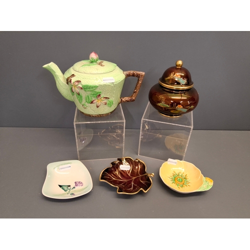 26 - Carlton ware green apple blossom teapot, Rouge Royale Temple jar plus 3 other dishes.