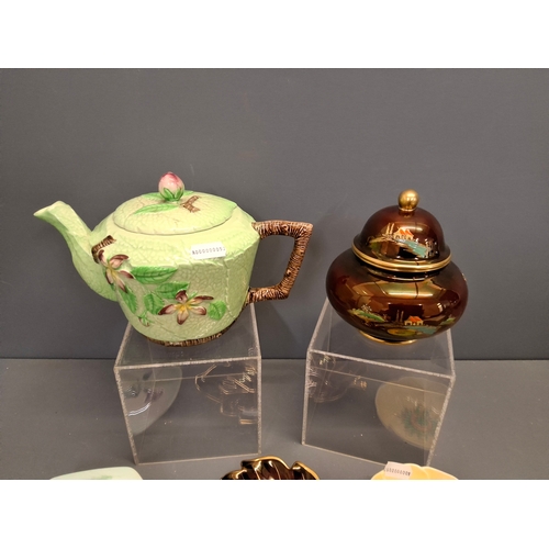 26 - Carlton ware green apple blossom teapot, Rouge Royale Temple jar plus 3 other dishes.