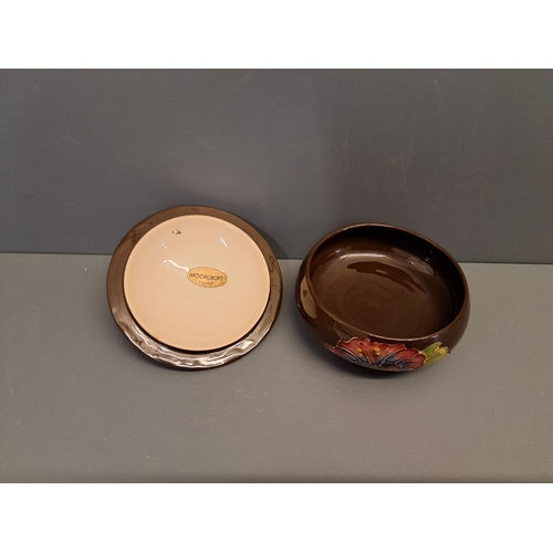 47 - Moorcroft Hibiscus pot & lid in brown with pink, red & yellow flowers