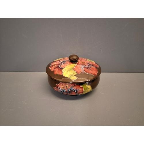 47 - Moorcroft Hibiscus pot & lid in brown with pink, red & yellow flowers