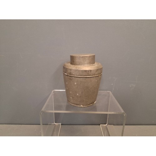 298 - Antique Chinese pewter tea caddy has had a few knocks in its life