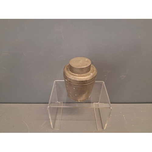 298 - Antique Chinese pewter tea caddy has had a few knocks in its life