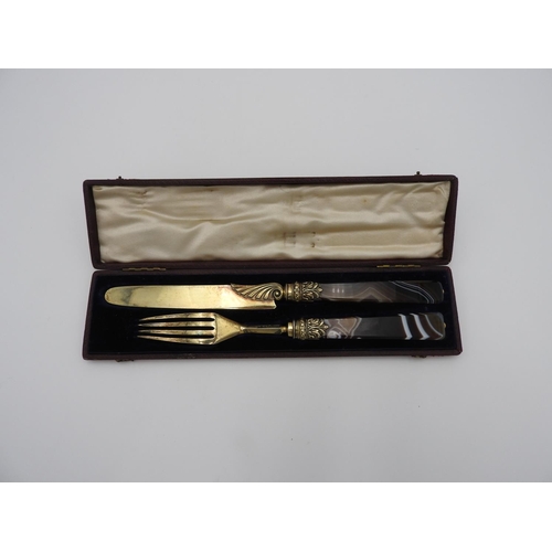 193 - FINE GEORGE IV SILVER GILT AGATE BOXED FRUIT KNIFE AND FORKWILLIAM CHAWNER, LONDON 1829with tapered ... 