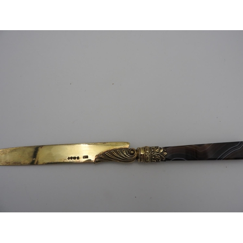 193 - FINE GEORGE IV SILVER GILT AGATE BOXED FRUIT KNIFE AND FORKWILLIAM CHAWNER, LONDON 1829with tapered ... 