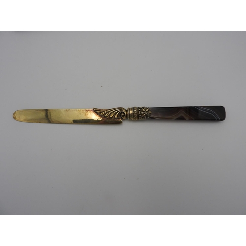 193 - FINE GEORGE IV SILVER GILT AGATE BOXED FRUIT KNIFE AND FORKWILLIAM CHAWNER, LONDON 1829with tapered ... 