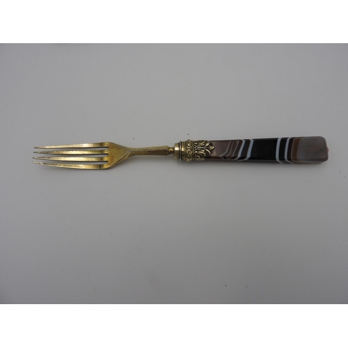 193 - FINE GEORGE IV SILVER GILT AGATE BOXED FRUIT KNIFE AND FORKWILLIAM CHAWNER, LONDON 1829with tapered ... 