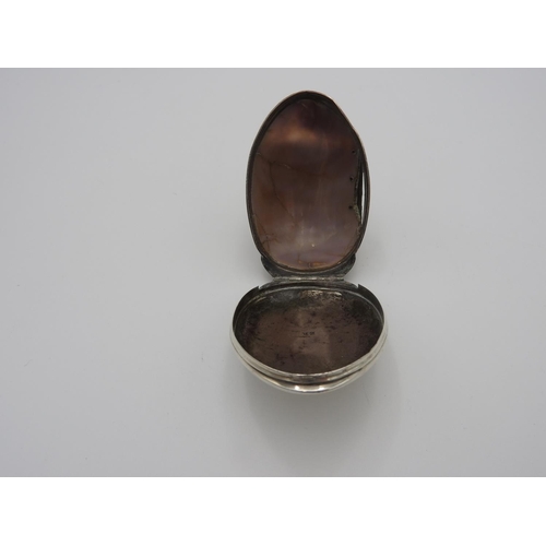 197 - GEORGIAN SILVER MOUNTED COWRIE SHELL SNUFF BOX 18TH CENTURY together with an Aesthetic style vesta; ... 