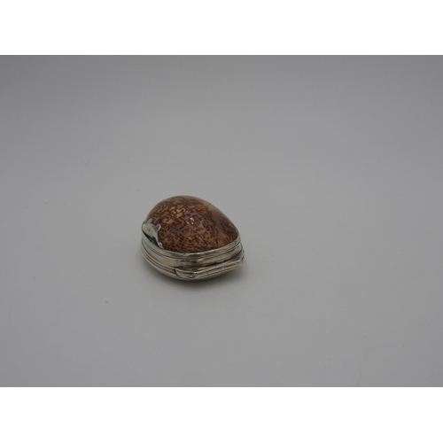 197 - GEORGIAN SILVER MOUNTED COWRIE SHELL SNUFF BOX 18TH CENTURY together with an Aesthetic style vesta; ... 