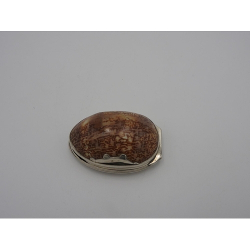 197 - GEORGIAN SILVER MOUNTED COWRIE SHELL SNUFF BOX 18TH CENTURY together with an Aesthetic style vesta; ... 