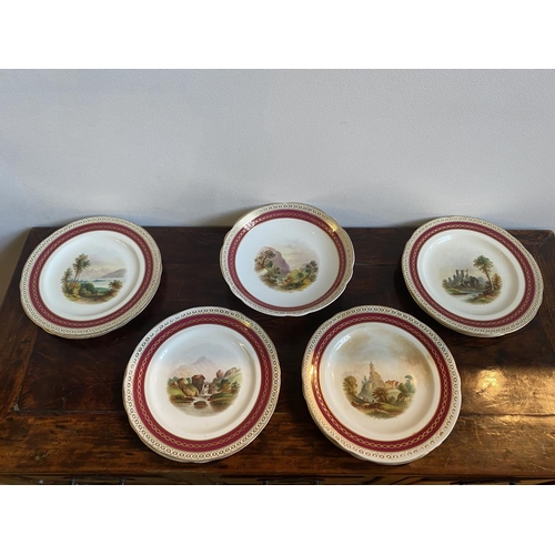 67 - 9 VICTORIAN DESSERT PLATES AND PEDESTALLED CAKE STAND, 23cm dia