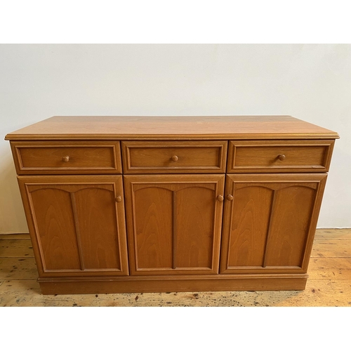 15 - PANELLED 3-DOOR SIDEBOARD WITH 3 DRAWERS, 127cm wide, 77cm high, 47cm deep